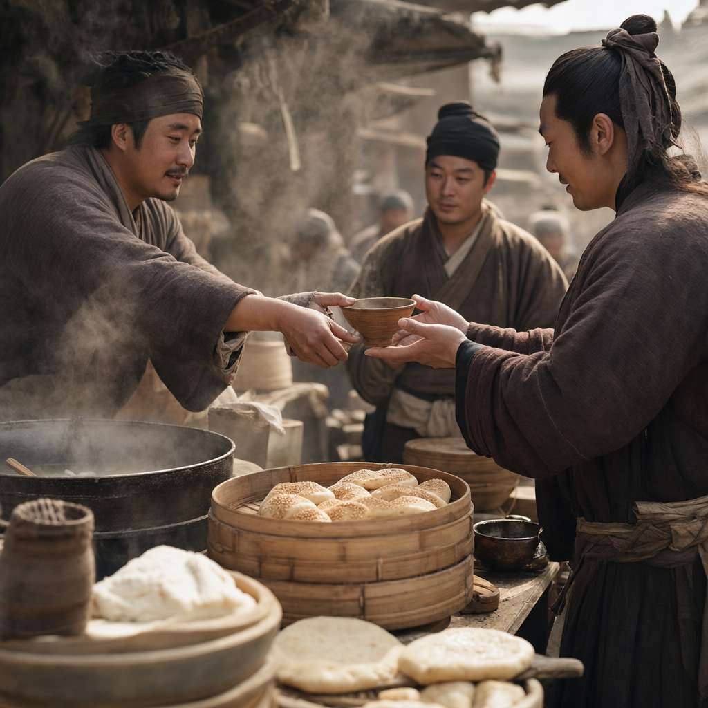 Tang Chang'an breakfast details with steam, dough, bowls and traders