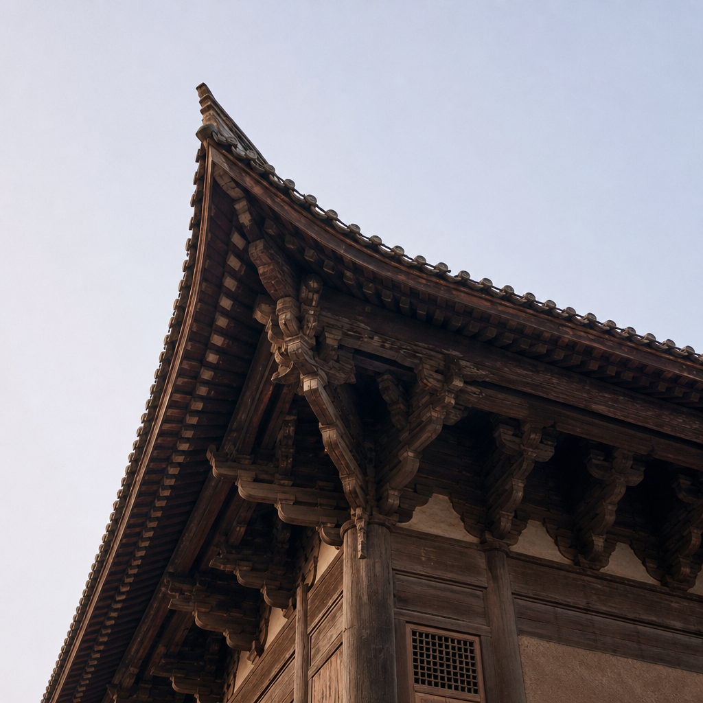 low angle traditional Chinese eaves with layered shadows and timber lines