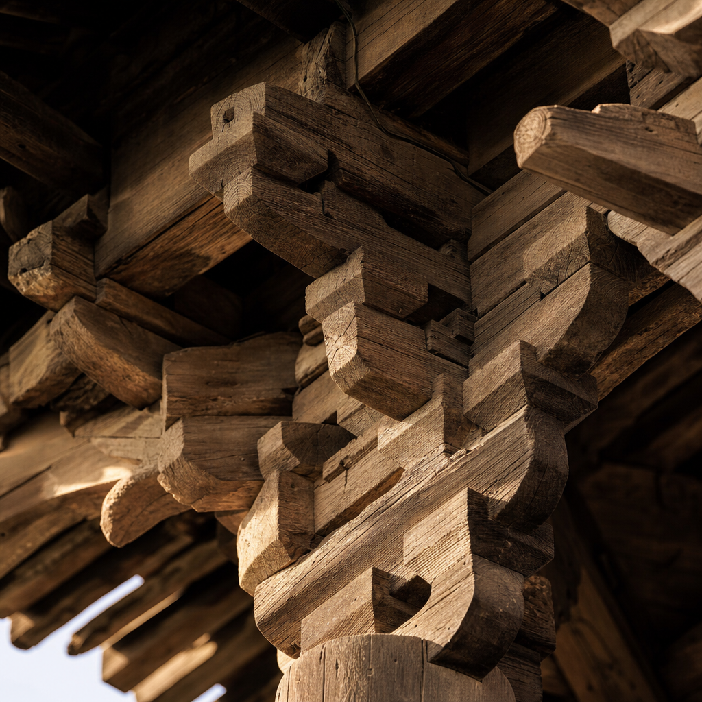 close view of dougong bracket sets under Chinese timber eaves