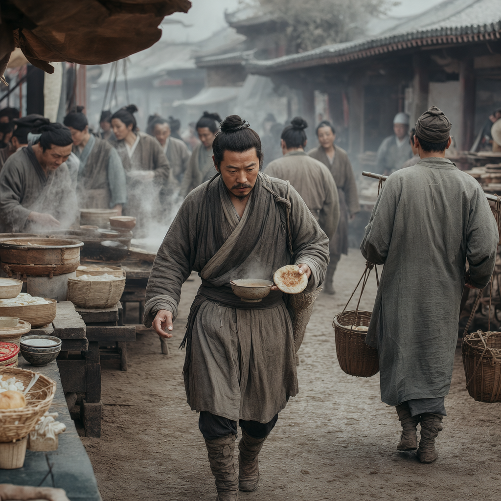 Tang dynasty busy breakfast street with coordinated stalls and moving crowd