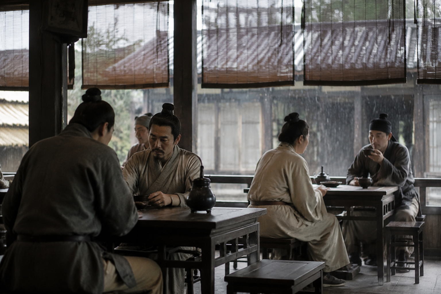 Song dynasty tea gathering with guests leaving calm space around the low table