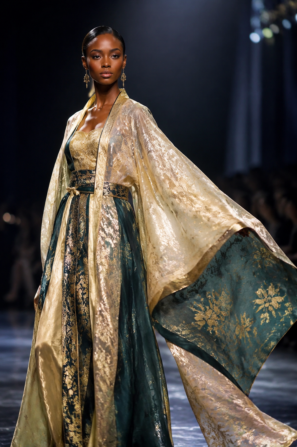 deep skin tone female model in layered Chinese ancient fashion under runway lights