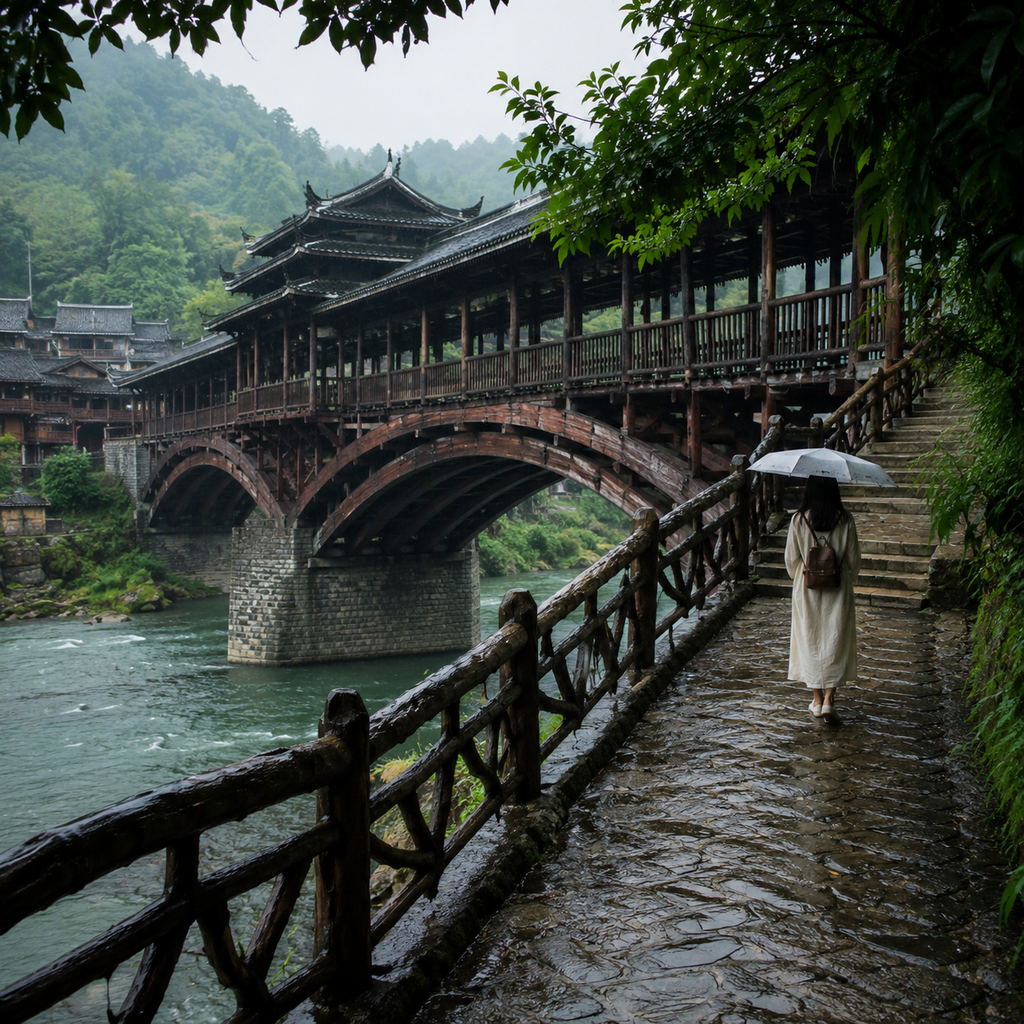 木拱廊桥雨天慢行：听一座桥把山水说轻 | Walking Slowly Across a Wooden Covered Bridge in the Rain