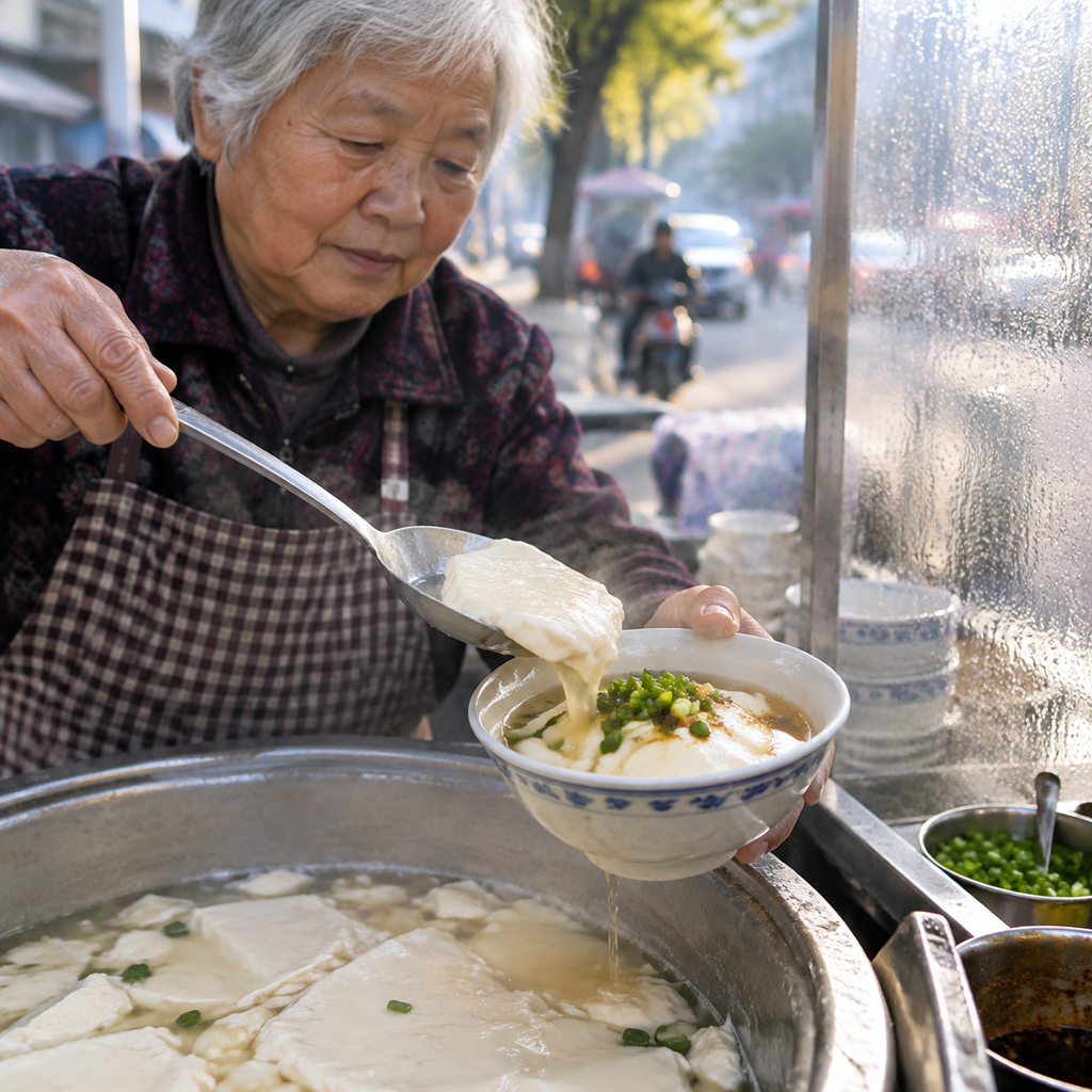 阿姨用平底勺舀起嫩豆腐脑