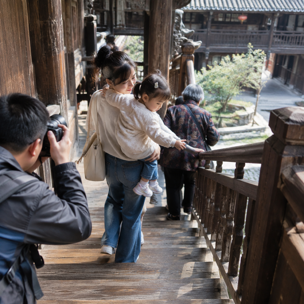 木楼梯上参观者错开距离上下