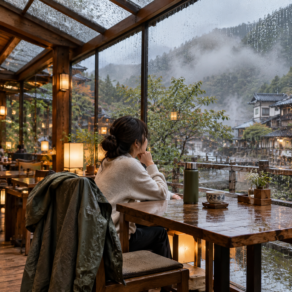 雨落玻璃顶棚下的茶馆靠窗座位
