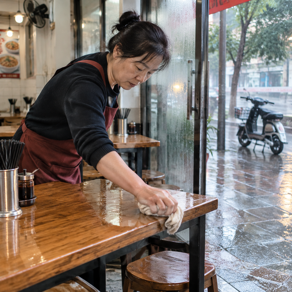 雨上午店主擦桌子的动作
