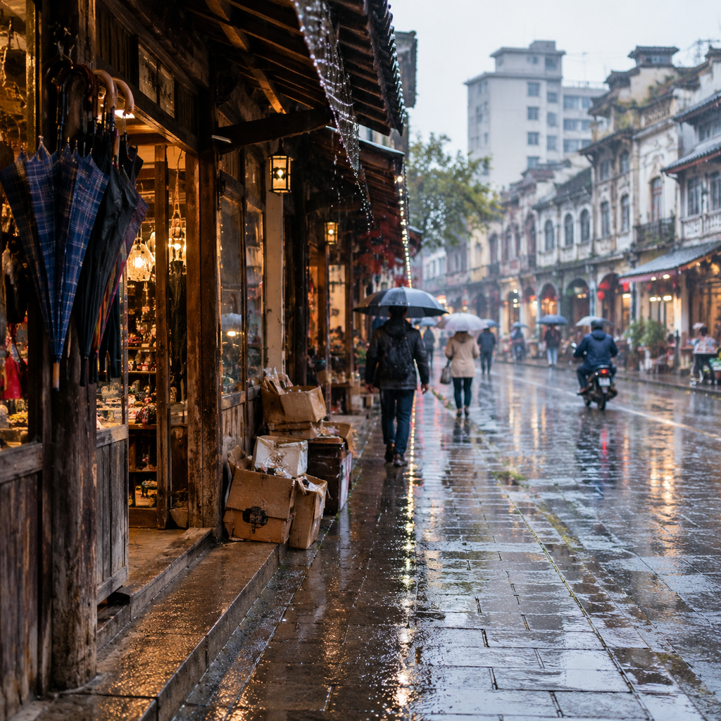 雨后街区湿伞与店门口