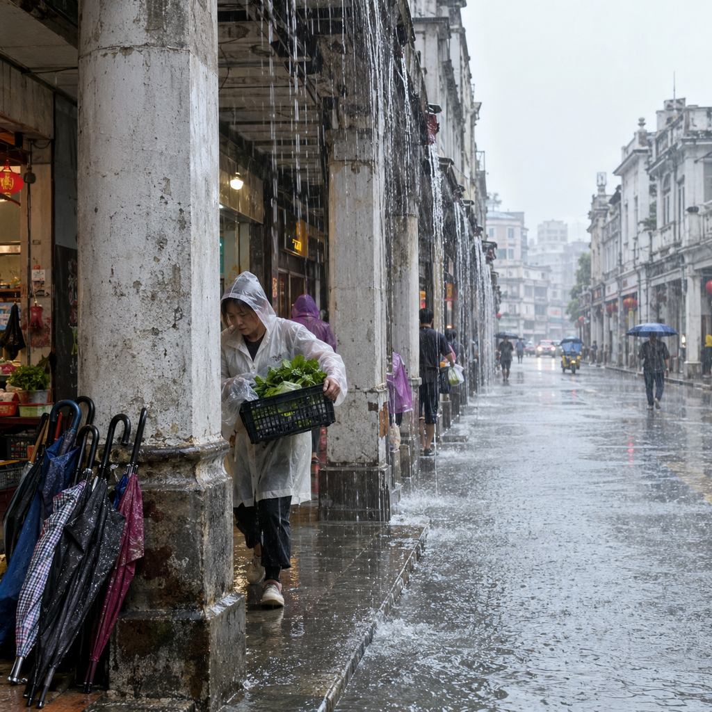 雨从整排骑楼檐口垂下水线