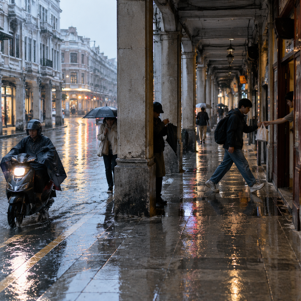 骑楼下边吃边看雨的街景