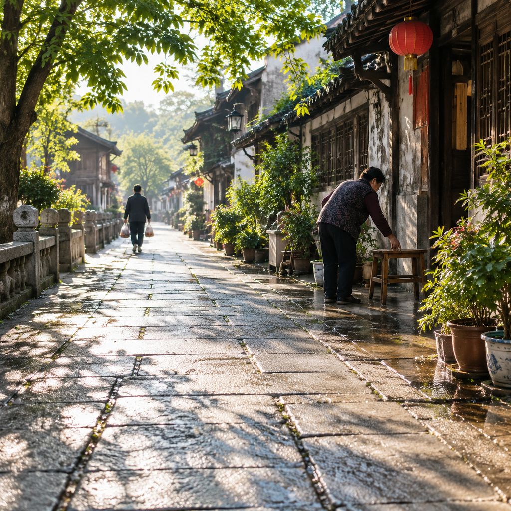 清晨湿亮的老城石板街