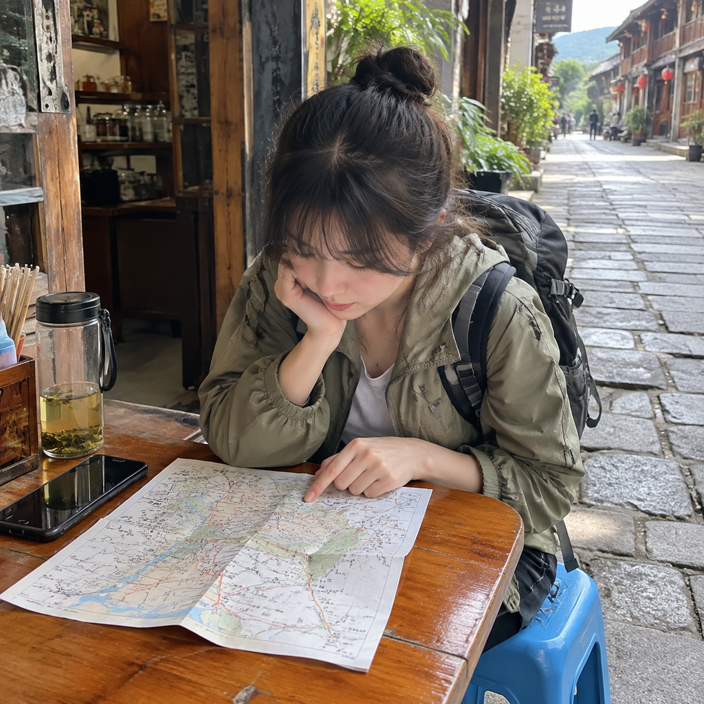 坐在茶店里摊开路线纸重新排顺序