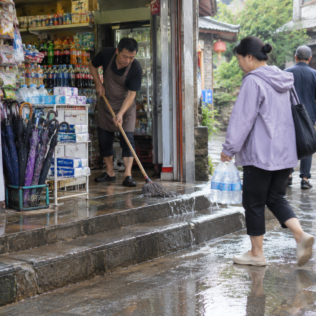 坡顶小店门口拖把推水