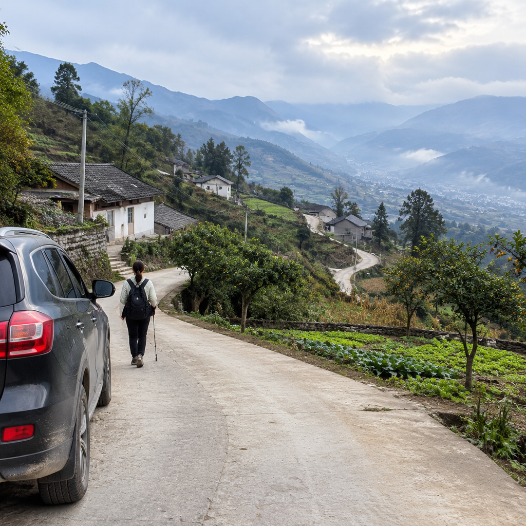 山区水泥路折过山坡的果园路