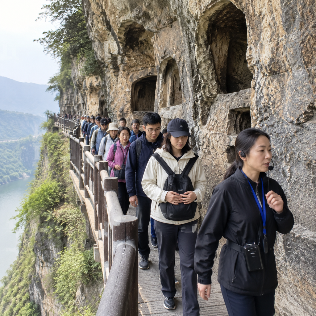 讲解员引导队伍在崖壁栈道