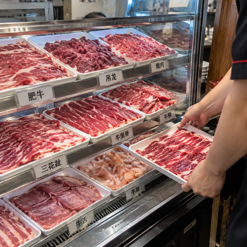 门口冰柜里按部位摆放的鲜牛肉
