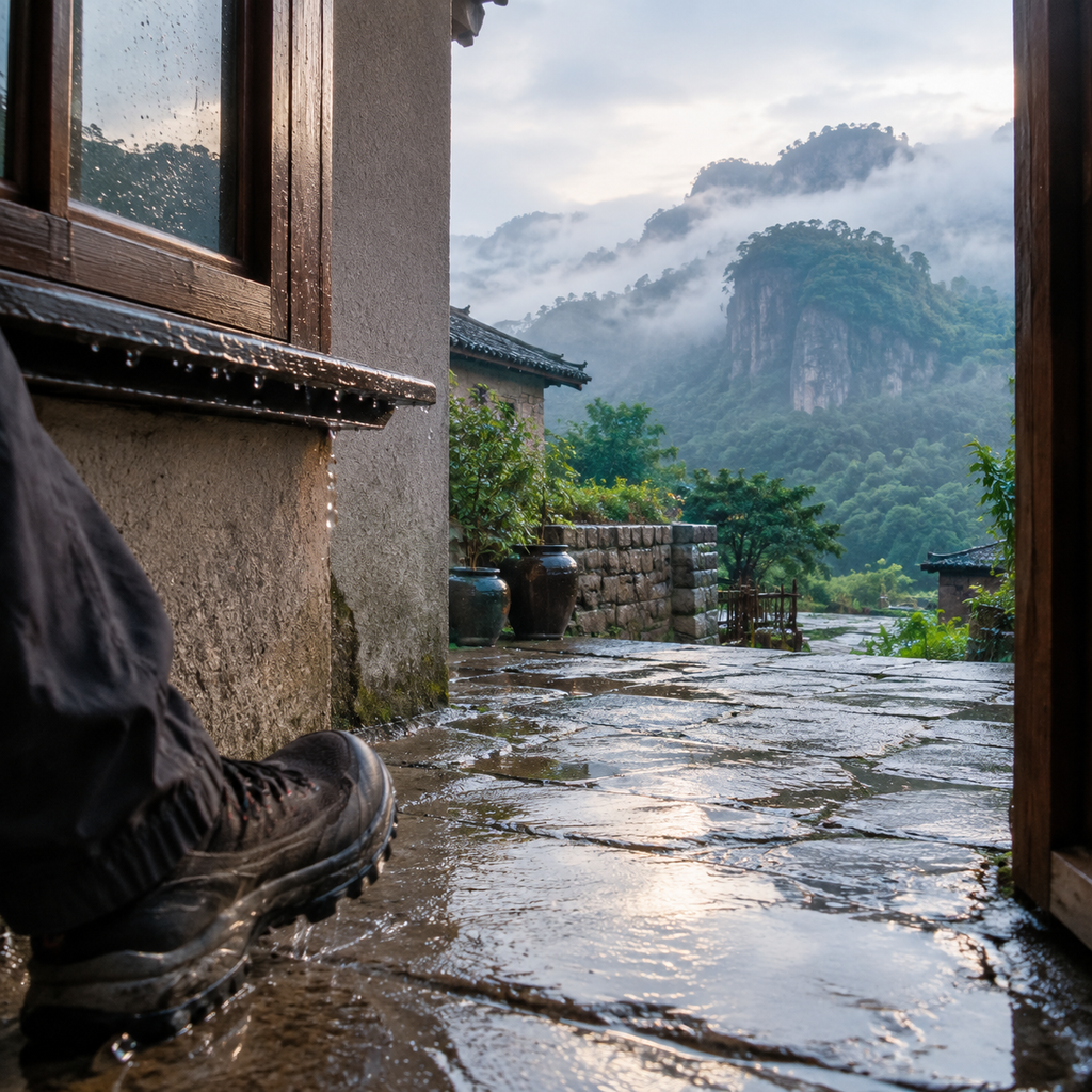 雨后清晨住处窗沿滴水与深绿远山