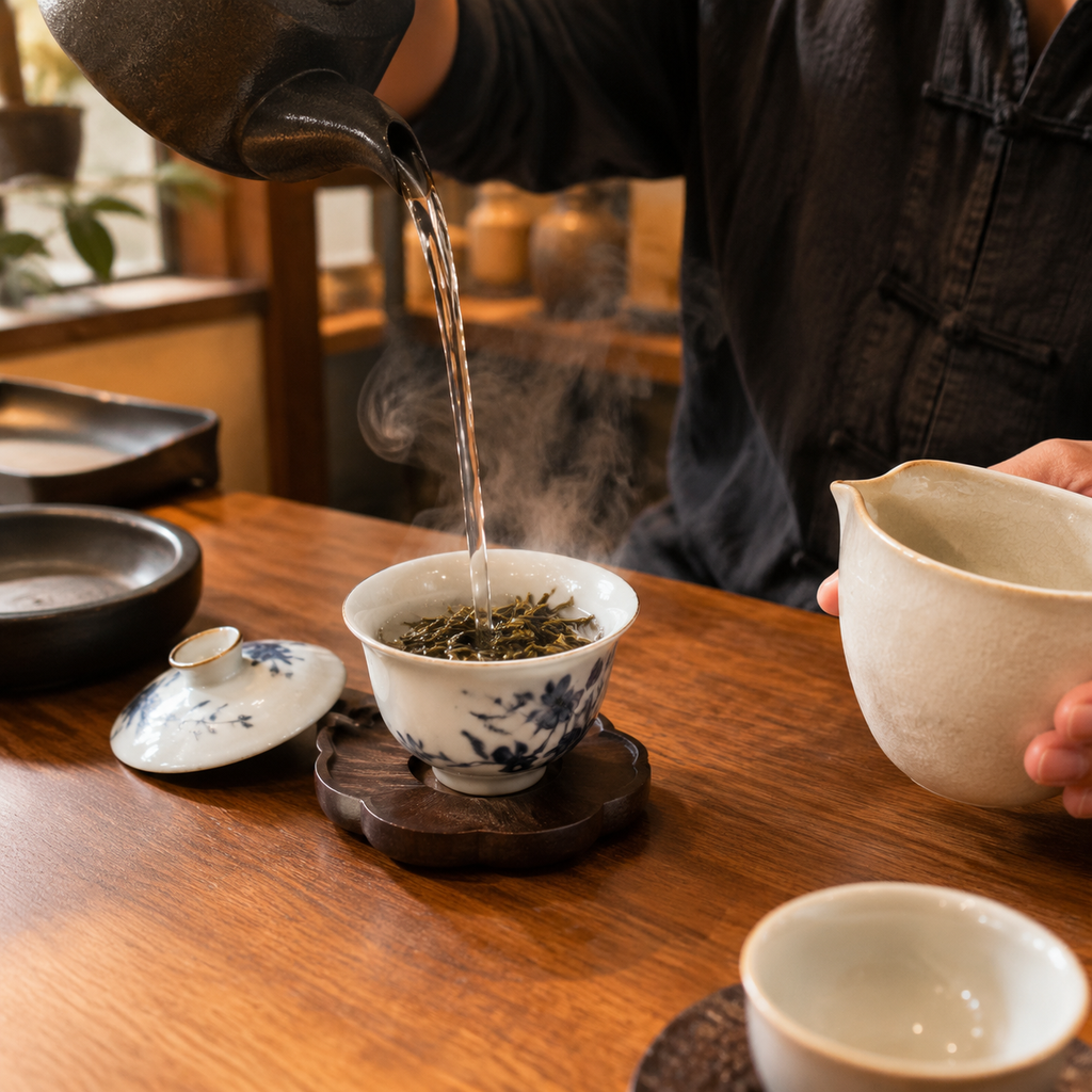 茶店内热水落杯叶子舒开