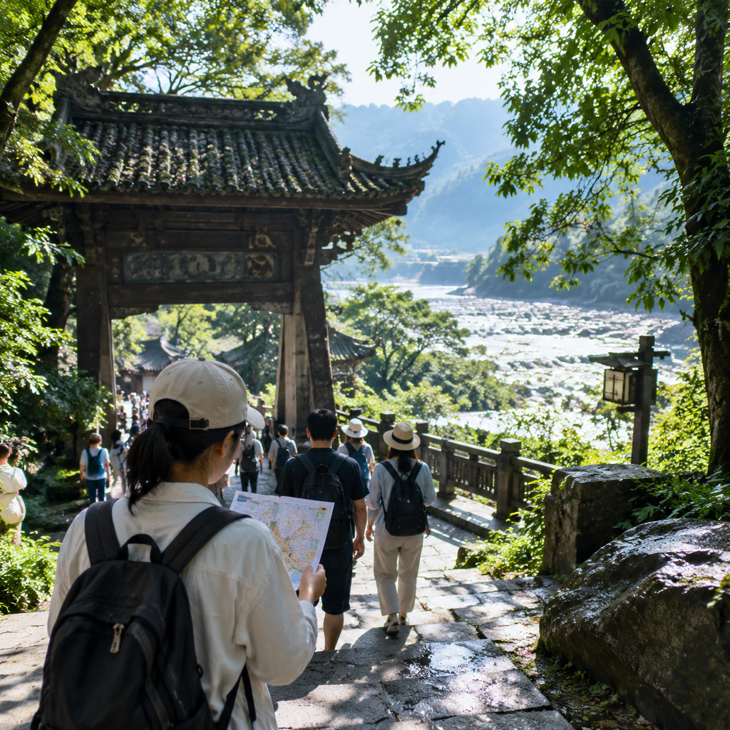岷江水面从石岸边分成几股