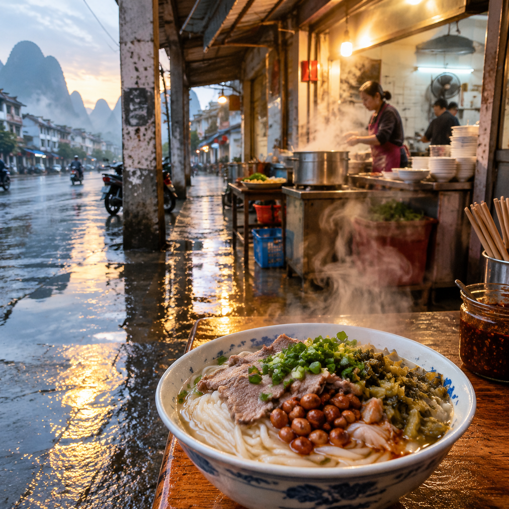 桂林米粉先拌还是先喝汤，我在一张小桌前改了吃法 | Mix First or Taste the Broth First? My Guilin Noodle Lesson