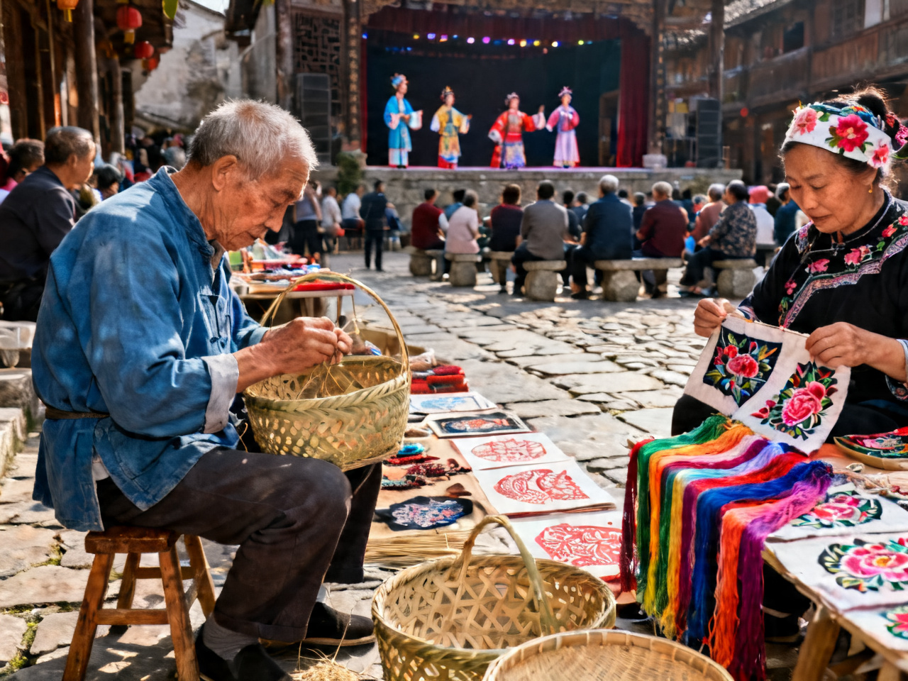 古镇民俗体验：赶集、社戏与手工艺 | Ancient Town Folk Culture: Markets, Opera & Crafts