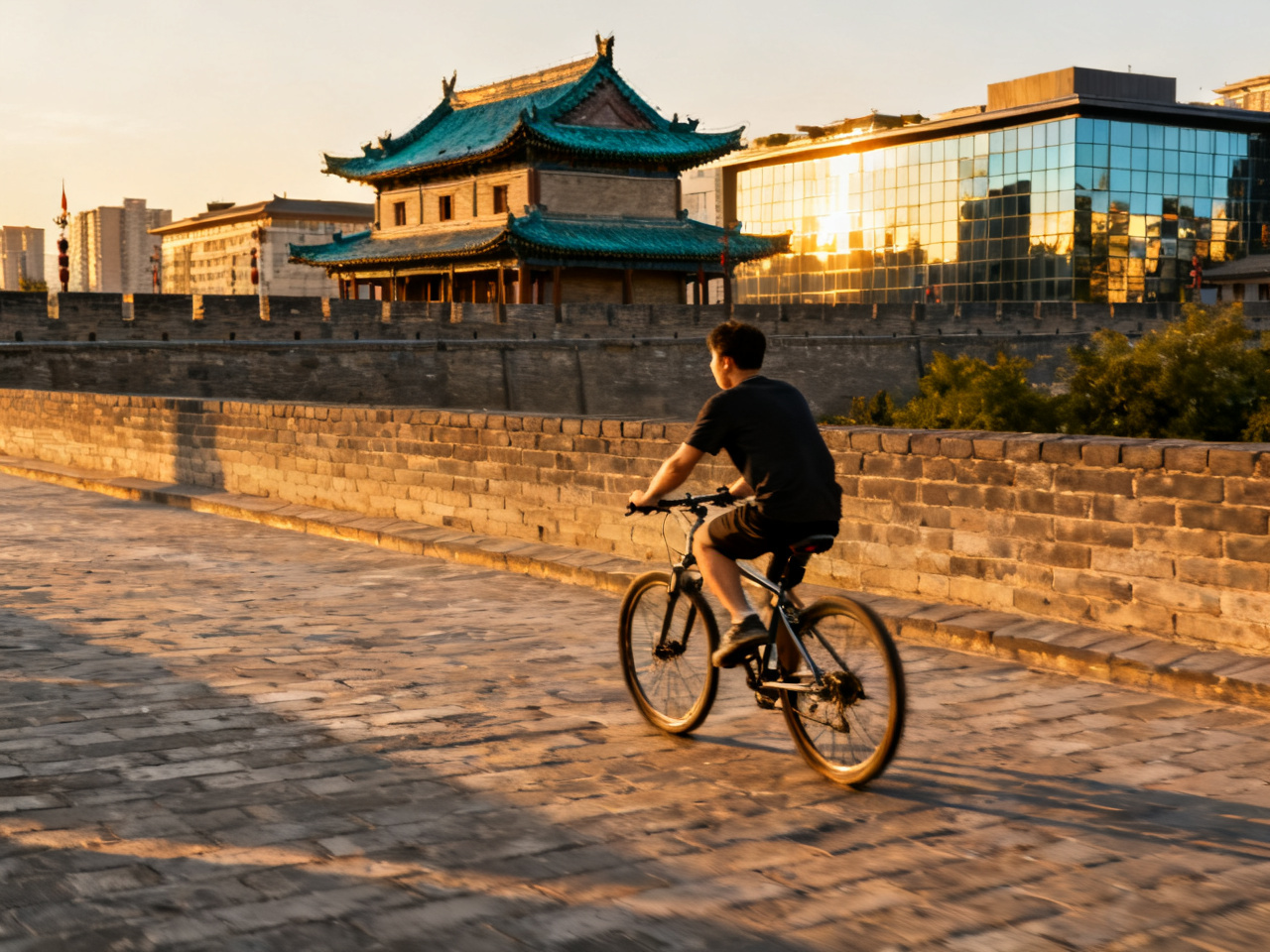 西安古城墙上骑行，远处是古城屋顶和现代建筑 Cycling on Xi'an City Wall with ancient rooftops and modern skyline