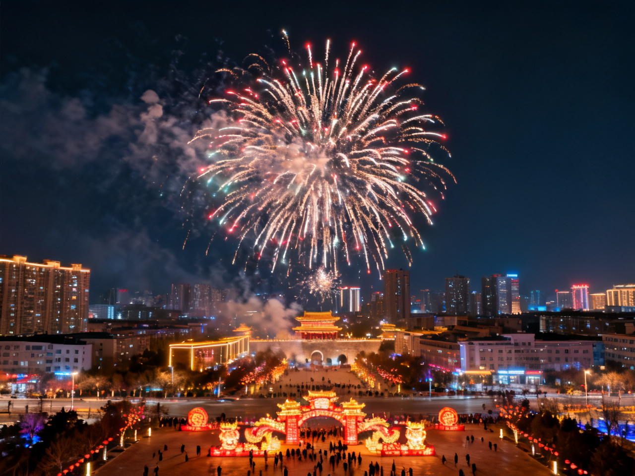 春节烟花夜景，城市上空绚烂烟火 Spring Festival fireworks lighting up the city sky at night