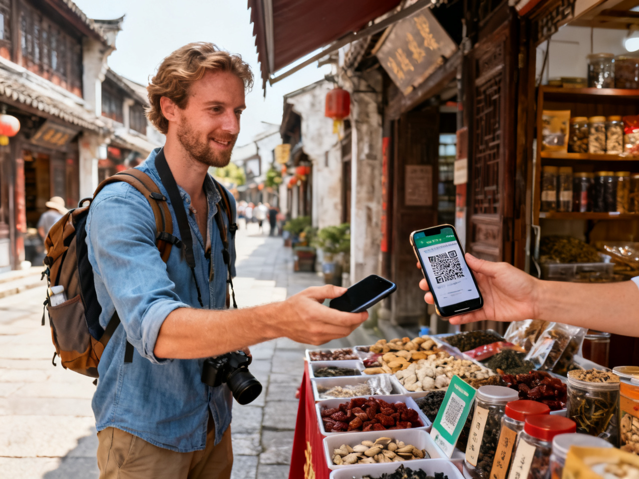 外国游客在中国街头用手机扫码支付 Foreign tourist scanning QR code to pay at a Chinese street stall
