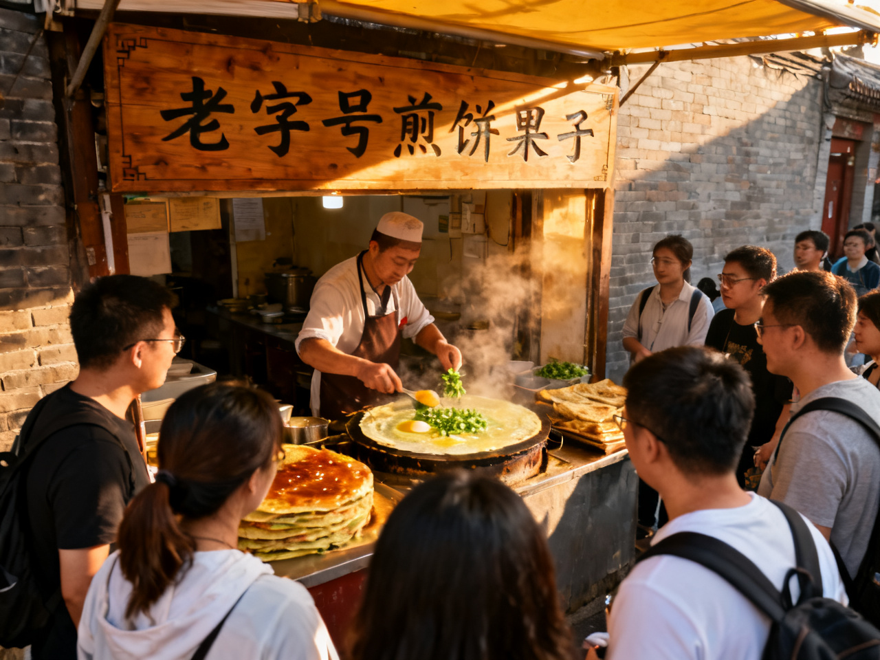 北京老字号早餐店，顾客在排队等煎饼果子 Old Beijing breakfast shop with customers lining up for jianbing