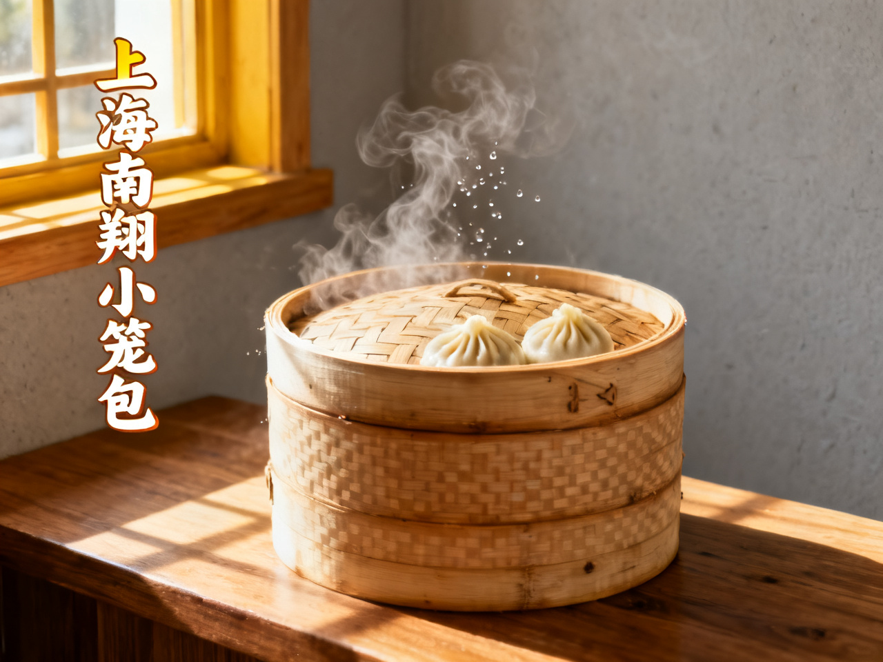 上海南翔小笼包，蒸笼冒热气 Shanghai Nanxiang xiao long bao steaming in bamboo baskets