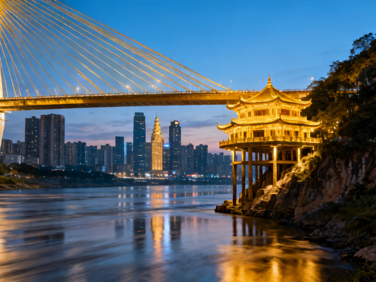 重庆夜景全景 千厮门大桥与渝中天际线 Chongqing night panorama with Qiansi Bridge and Yuzhong skyline