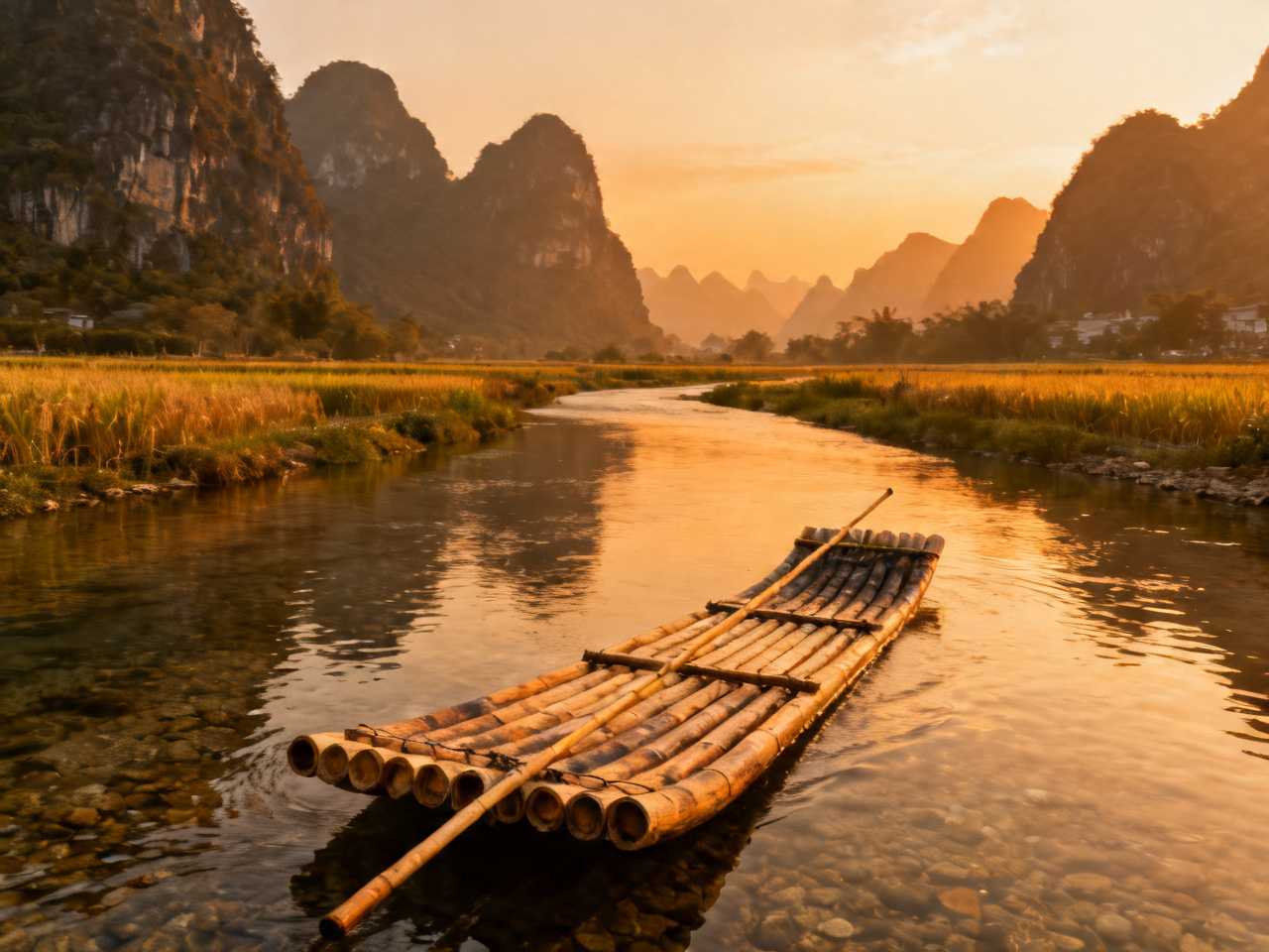 阳朔遇龙河竹筏与田园风光 Yulong River bamboo raft with pastoral scenery in Yangshuo